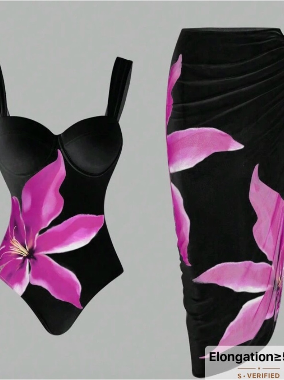 Black One-Piece Swimsuit with Pink Floral Print with Matching Skirt Cover-up